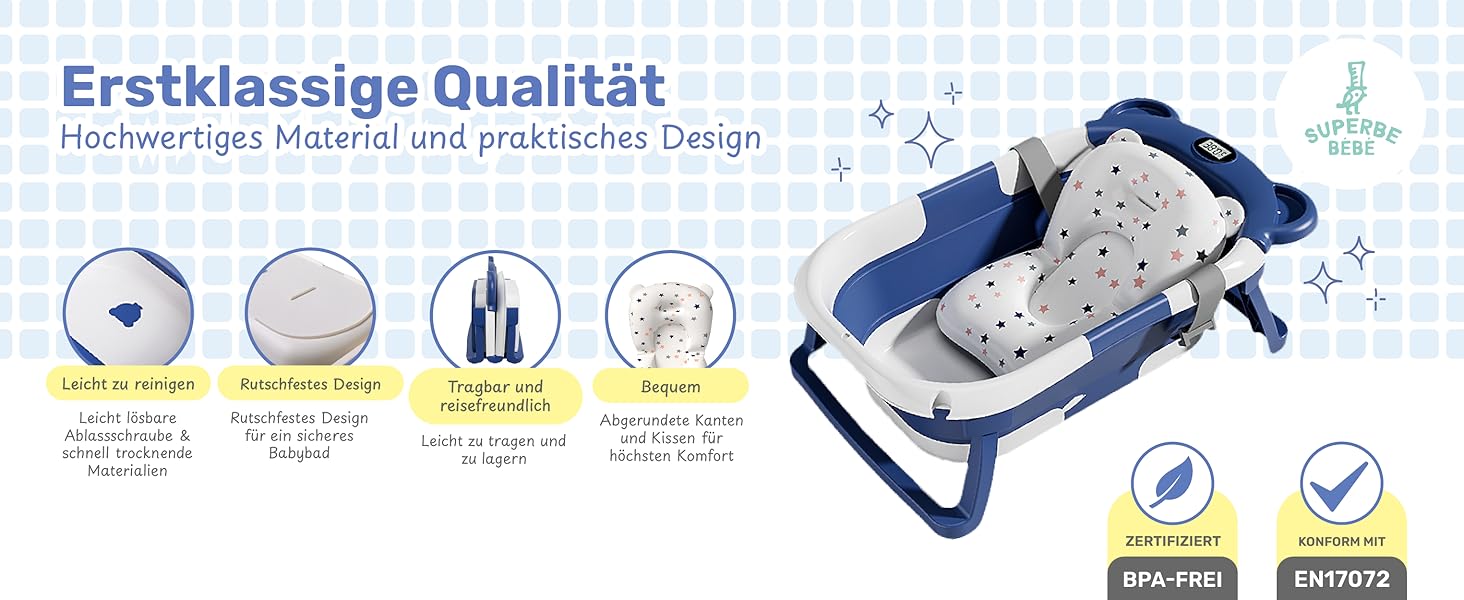 Faltbare Babybadewanne mit Badesitz/Badewanne XXL mit Thermometer zur Kontrolle der Wassertemperatur