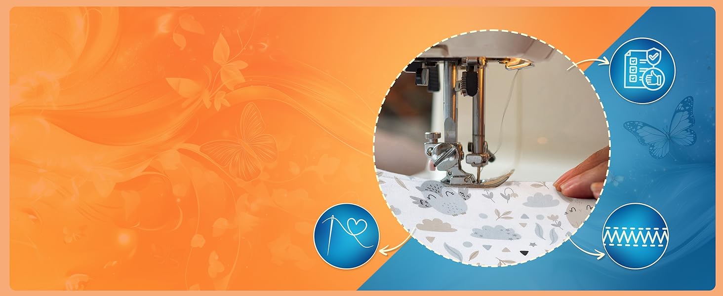 Infografica del prodotto con icone circolari blu su sfondo arancione, con dettagli tecnici e dimostrazione dell'uso del prodotto.