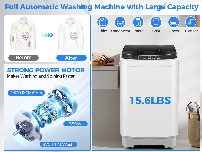 Portable Washing Machine, 15.6Lbs Full Automatic Washing Machine, 2.1 Cu.ft Compact Laundry Washer