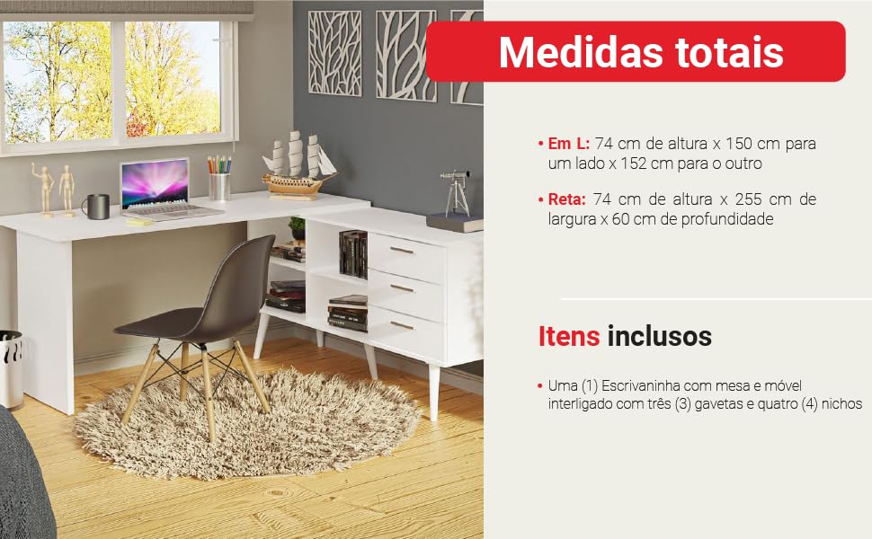  Escrivaninha Mesa de Escritório de Canto 3 Gavetas Branca Lisboa Madesa 