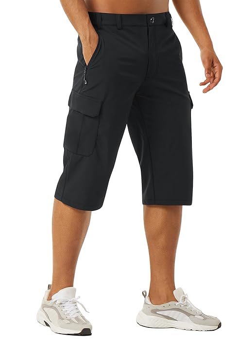 Mens cargo shorts 3/4 length hiking work shorts with zip pocket