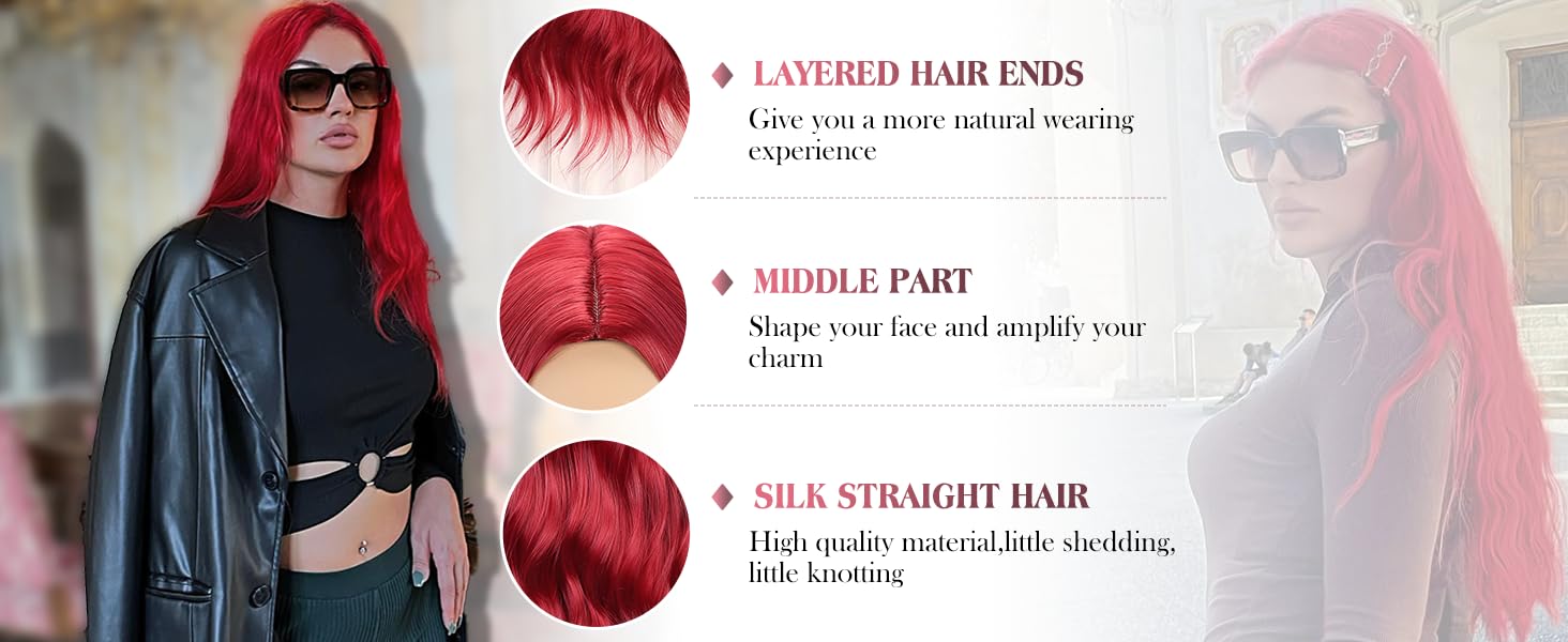  Long Curly Mermaid Red Wavy Middle Part Wig for Women