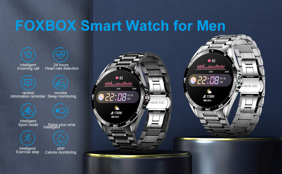 FOXBOX Men's Smart Watch, 1.3" HD Display Round Fitness Watches Steel
