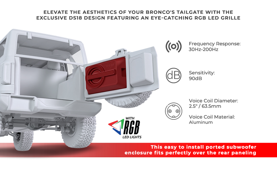 DS18 SUBWOOFER, ENCLOSURE WITH SUBWOOFER, BASS, FORD BRONCO TAILGATE