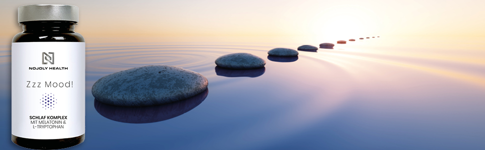 Flache graue Steine im See wie eine Treppe im Sonnenuntergang Entspannung mit Zzz Mood Kapseln