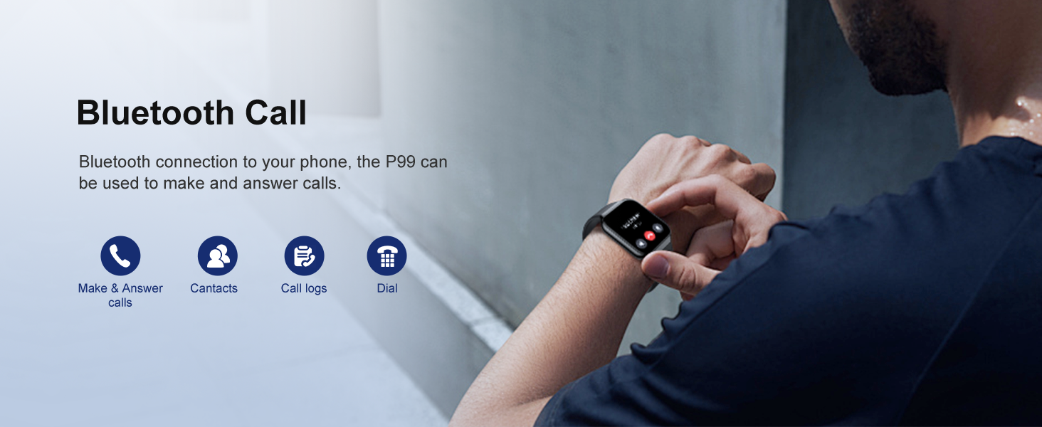 Smartwatch displaying Bluetooth call interface. Dark screen with blue icons for call functions visible on a person's wrist.