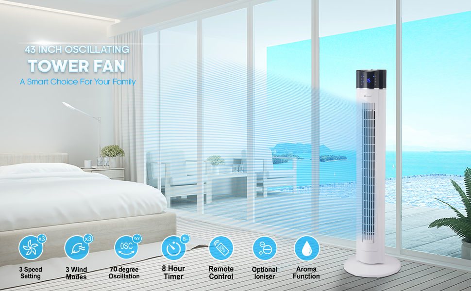 PureMate Tower Fan, 43" Oscillating Tower Fan with Air Purifier & Aroma