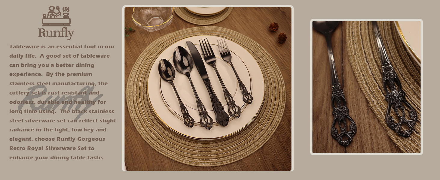 Runfly Gorgeous Retro Royal Black Stainless Steel 20 Pieces Flatware Set