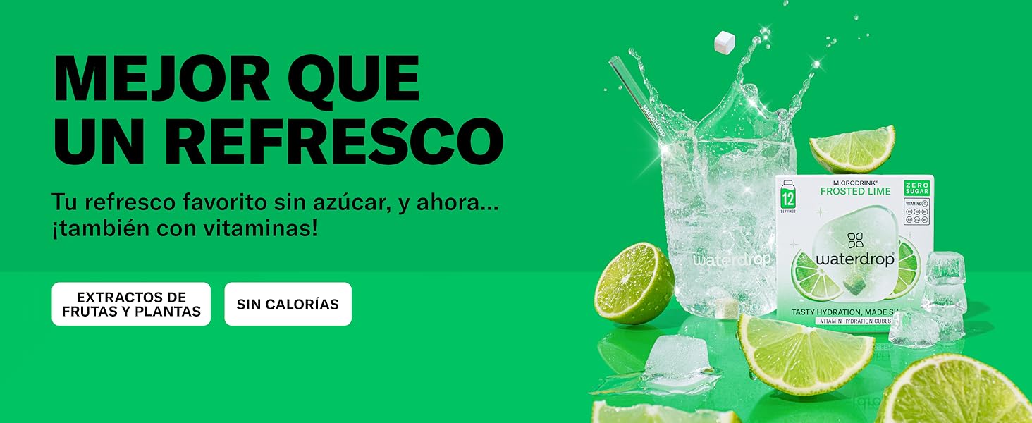 sin azúcar con sabor a lima. Se muestra un vaso de líquido transparente con hielo, rodajas de lima y el empaque del producto. Fondo verde con texto en español que promueve los beneficios de la bebida.