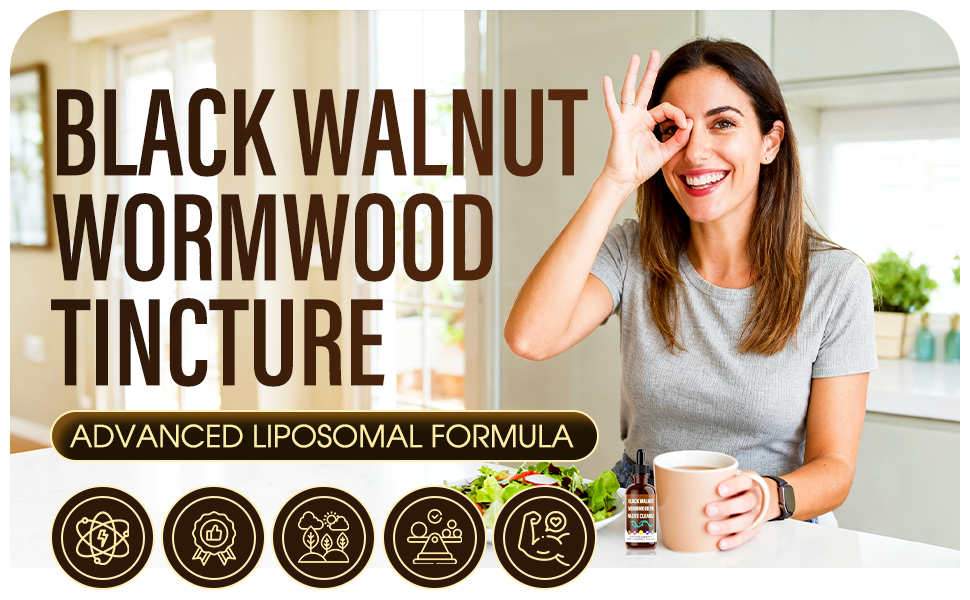 Text reads 'BLACK WALNUT WORMWOOD TINCTURE' with 'ADVANCED LIPOSOMAL FORMULA'. Product bottle packaging with brown and gold design elements.