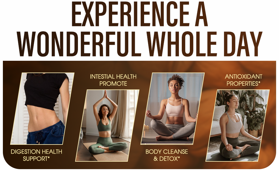Text reads 'EXPERIENCE A WONDERFUL WHOLE DAY'. Wellness-themed marketing collage showing various self-care activities and lifestyle scenes.