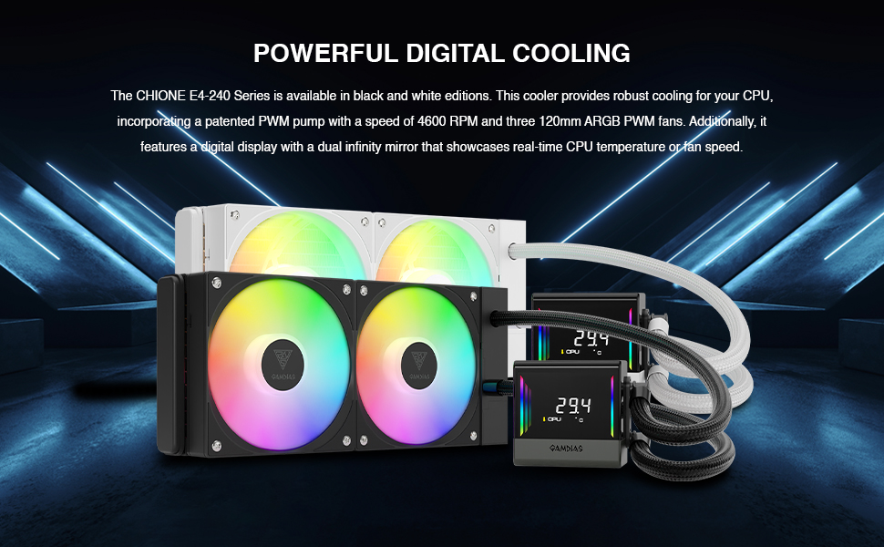 RGB liquid cooling system featuring dual fans with rainbow illumination, digital display, and cooling tubes against dark background.