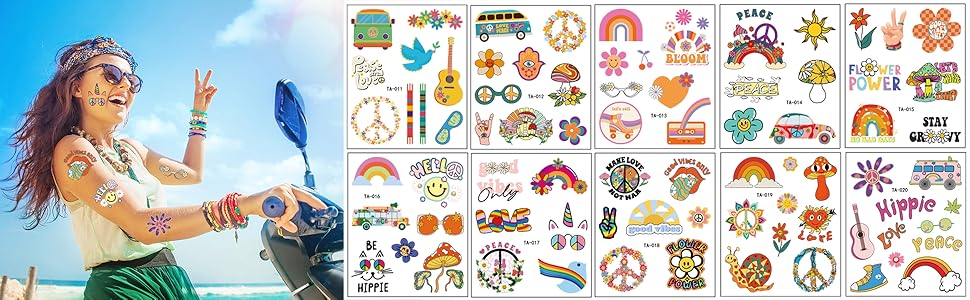 70's Love and Peace Summer Mixed Styles Tattoos Stickers
