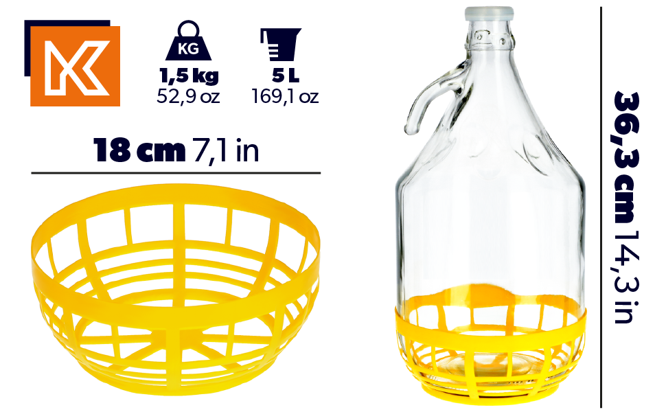 KADAX Glass Demijohn 5L, Transparent Carboy with Plastic Basket for