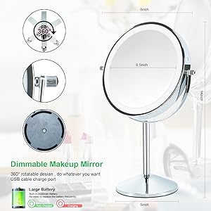  Lighted Makeup Mirror with Magnification, 8" Rechargeable 1X 10X Magnifying Vanity