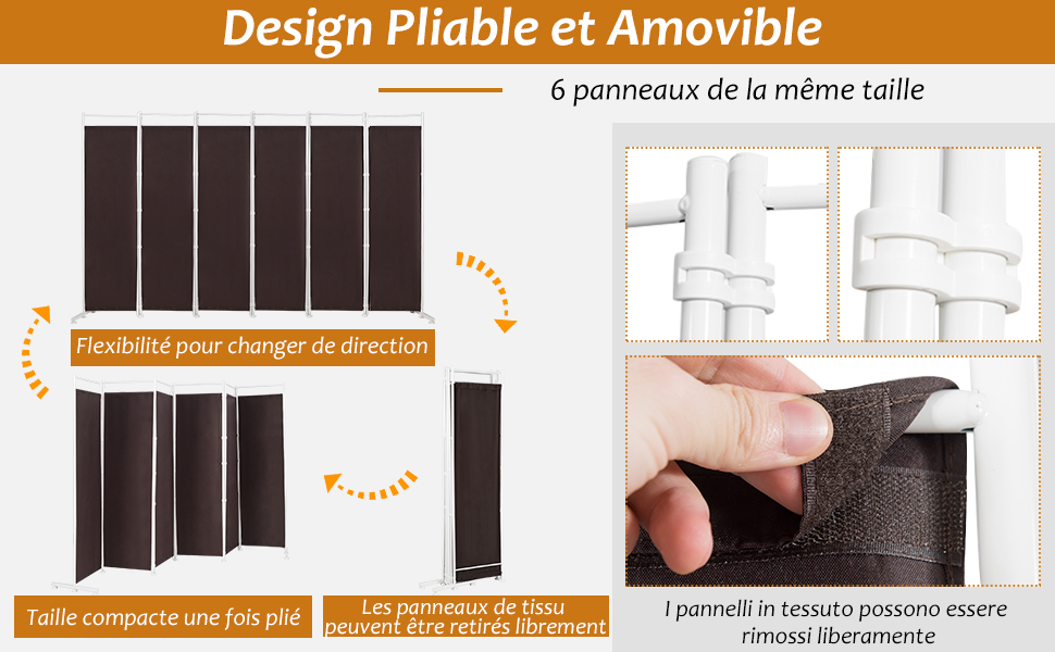 COSTWAY Paravent Intérieur à 6 Panneaux Pliable Détachables 300x 180 Cm/Cloison De Séparation Cadre En Fer Fibre De Polyester-Facile à Déplacer Et à Assembler-Noir 12 Paravent Intérieur à 4/6 Panneaux Pliable Détachables
