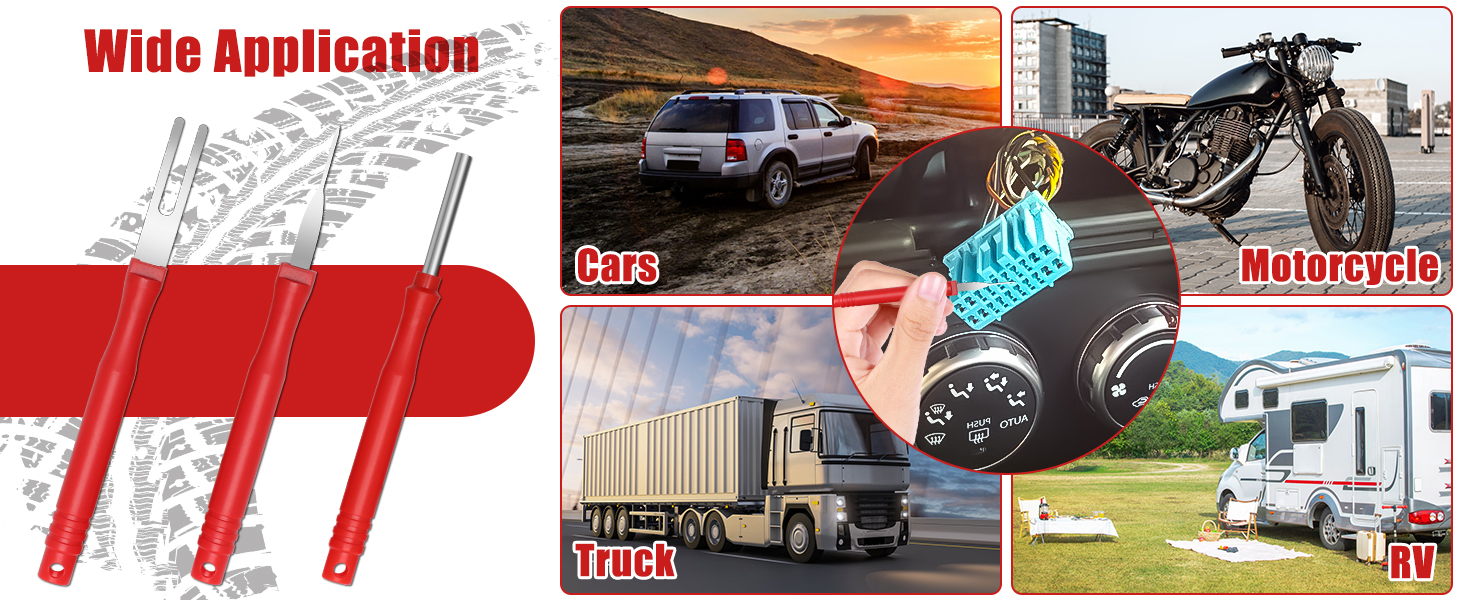 The collage shows the product's wide range of applications on different vehicles, including cars, motorcycles, trucks and RVs, featuring red mechanical parts.