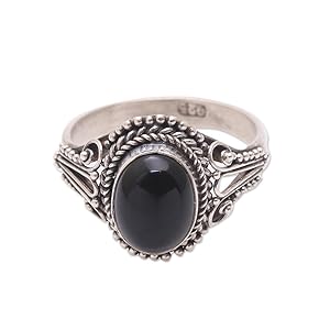 NOVICA Artisan Handmade .925 Sterling Silver Onyx Single Stone Ring From Indonesia
