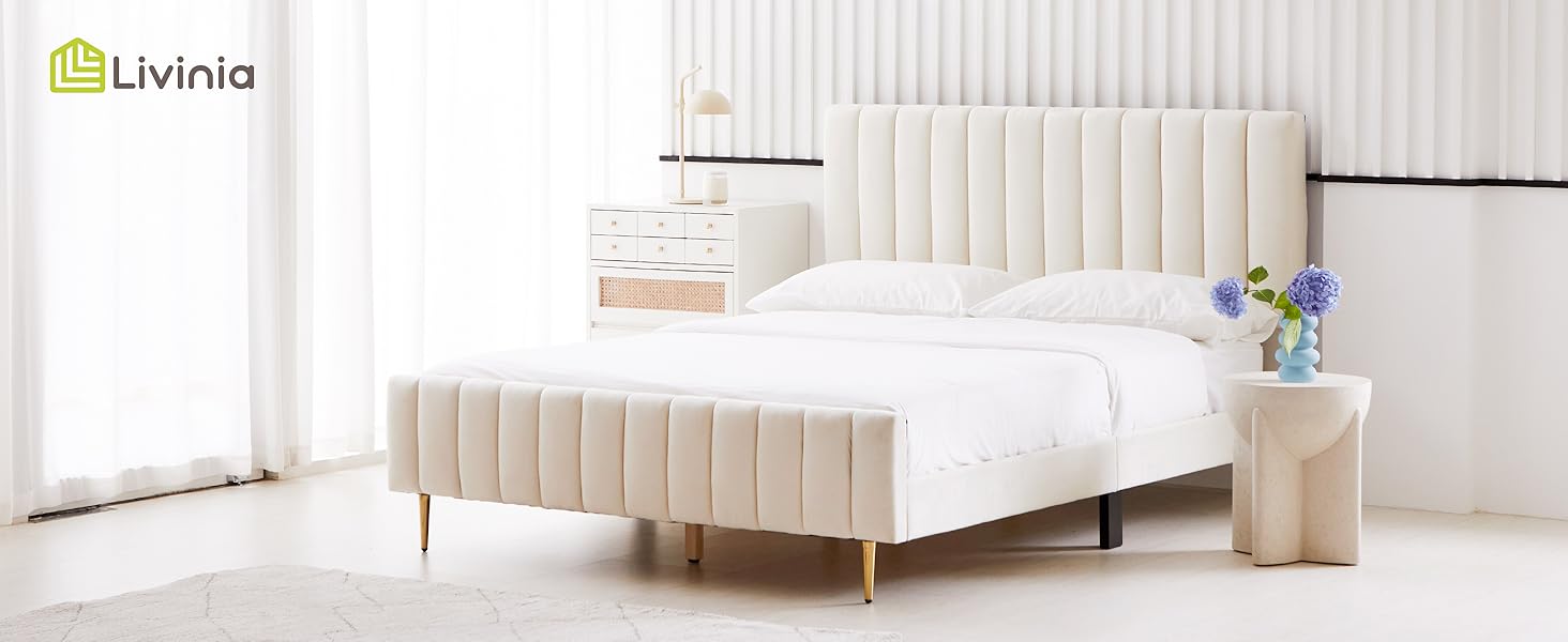 Bed Frame Velvet Fabric Upholstered Footboard strong wood slats