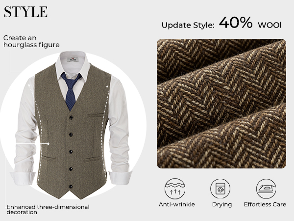 PJ PAUL JONES Mens Vest V Neck Tweed Suits Vest Button Down