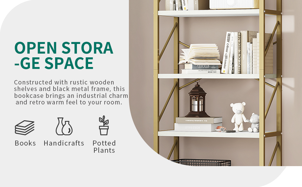 YITAHOME Bookcase 5 Tiers, Floor Standing Book Shelf, Wooden Shelf and