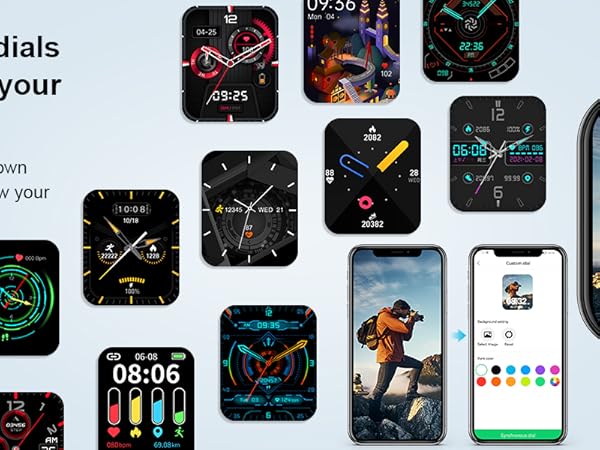 Smartwatch interface showcase displaying multiple digital watch faces and customization options, including fitness tracking and personalized designs.