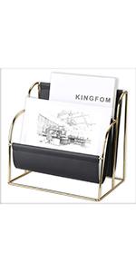 KINGFOM Plated Metal Wire and Premium Faux Leather Magazine Holder Rack