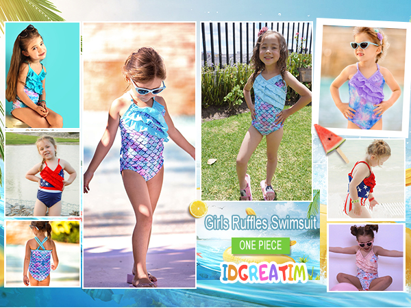 エムエメ Check tweed mermaid mini onepiece Rainbow Mermaid Little Girl Kids Swimsuits w Liner (2T - 7