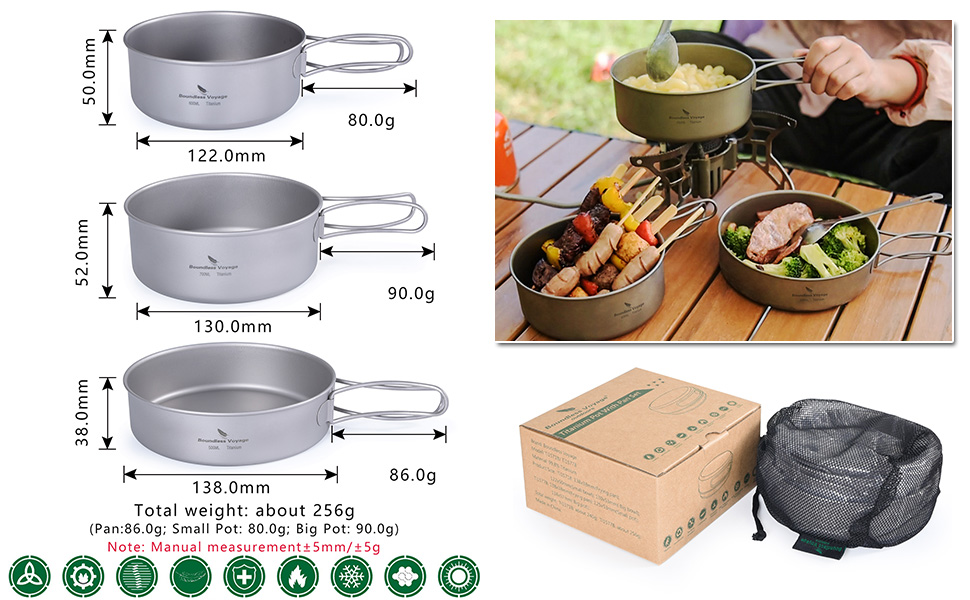 iBasingo Titanium Pot Pan Set Camping Cookware Lightweight Outdoor
