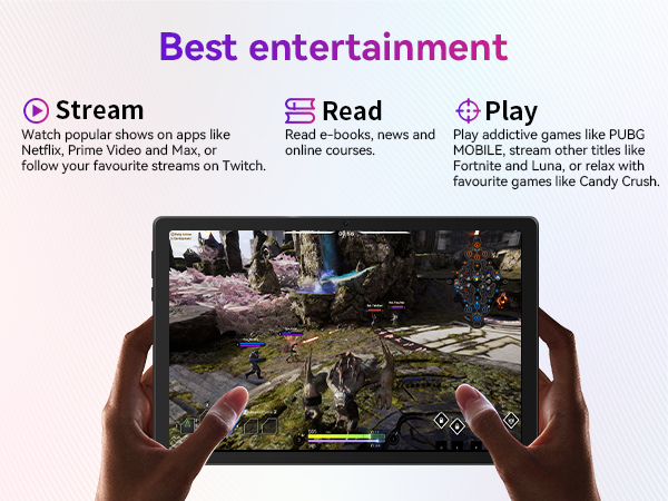 Hands holding a tablet displaying a video game. Text above highlights entertainment options: Stream, Read, and Play, with icons and descriptions.