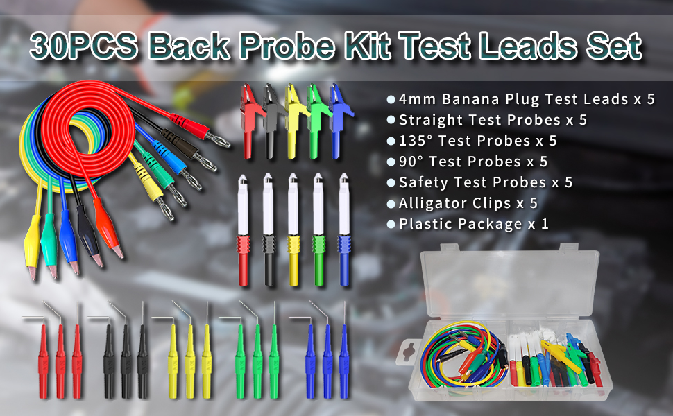 Cleqee 30PCS Banana Plug Test Leads with Back Probe Crocodile Clip Kit, Automotive Test Cable