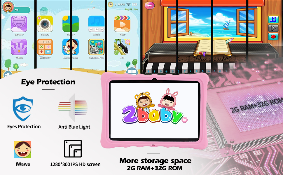 Tablet product features: eye protection, anti-blue light, HD screen, infrared, storage space. Interface shows app icons and ocean view through windows.