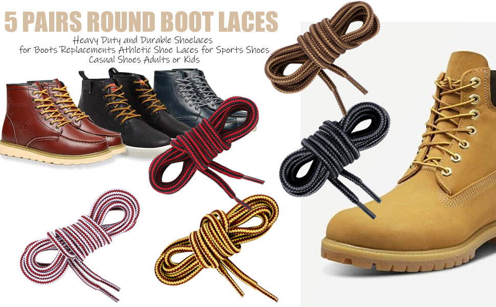 Yafe 5 Pairs Working Boot Laces(150cm/59”), Round Boot Laces for