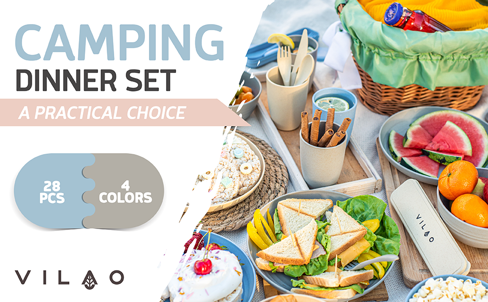 VILAO Camping Unbreakable Dinner Set with Plates, Bowls, Cups, Cutlery