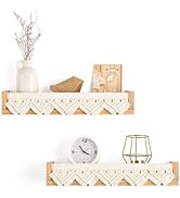 Mkono Macrame Floating Shelves Boho Wall Decor Set of 2 Natural Wood Hanging Storage Shelf for Be...
