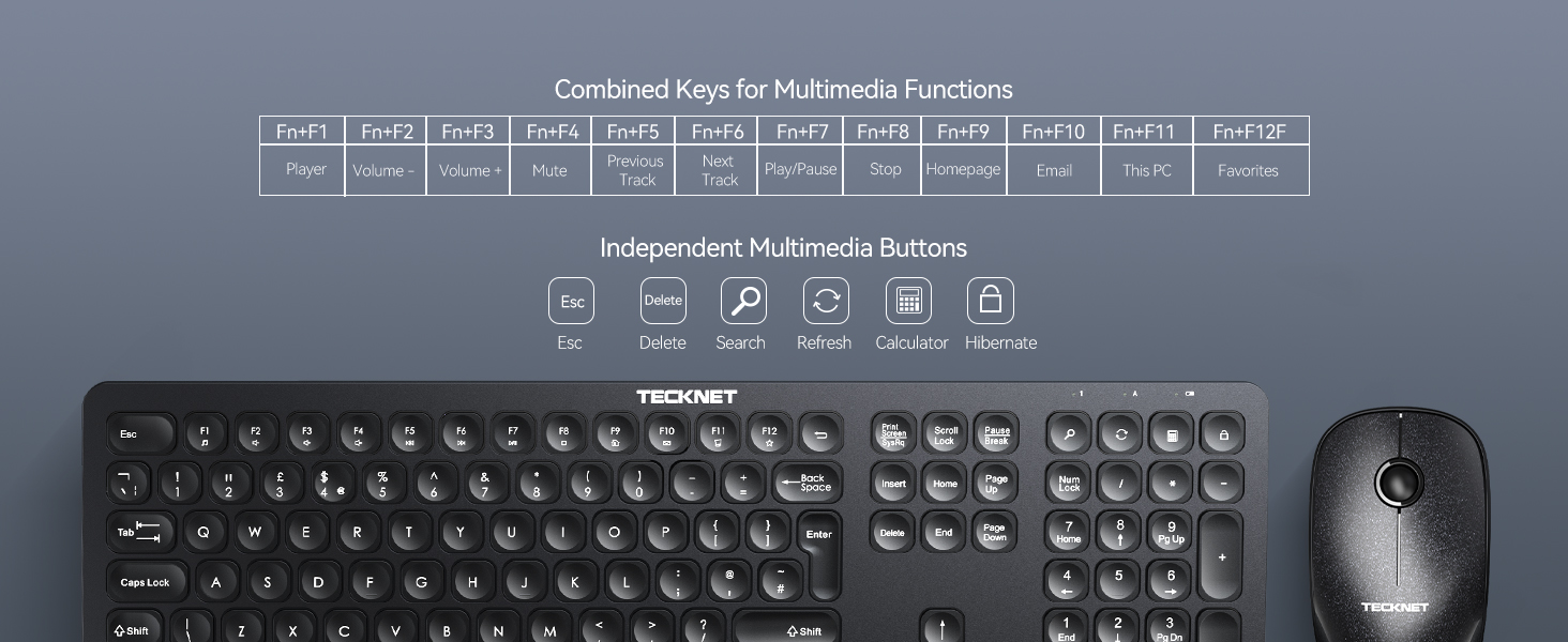 Wireless Keyboard and Mouse Set, 2.4G FullSize Ergonomic Cordless Keyboard and Mouse