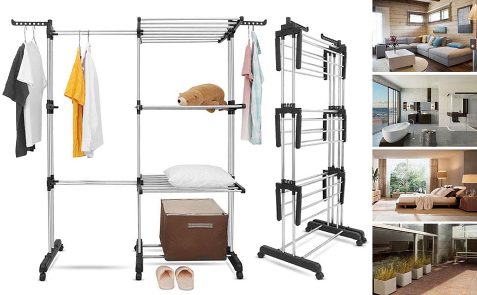 johgee 2 in 1 Clothes Drying Rack, Extendable Length 2651 Inch, with 6