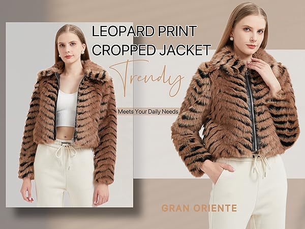 GRAN ORIENTE Women Faux Fur Leopard Print Cropped Jacket