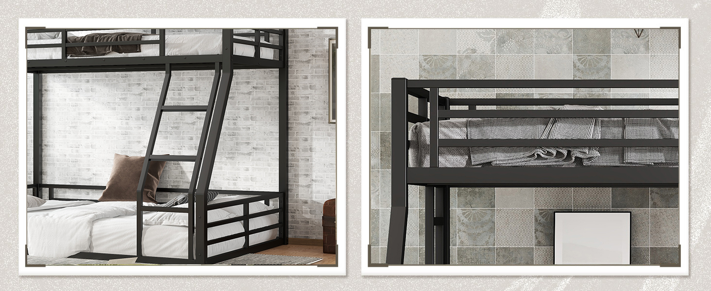 Floor Bunk Bed Twin XL Over Queen Bunk Beds with 2 Ladder