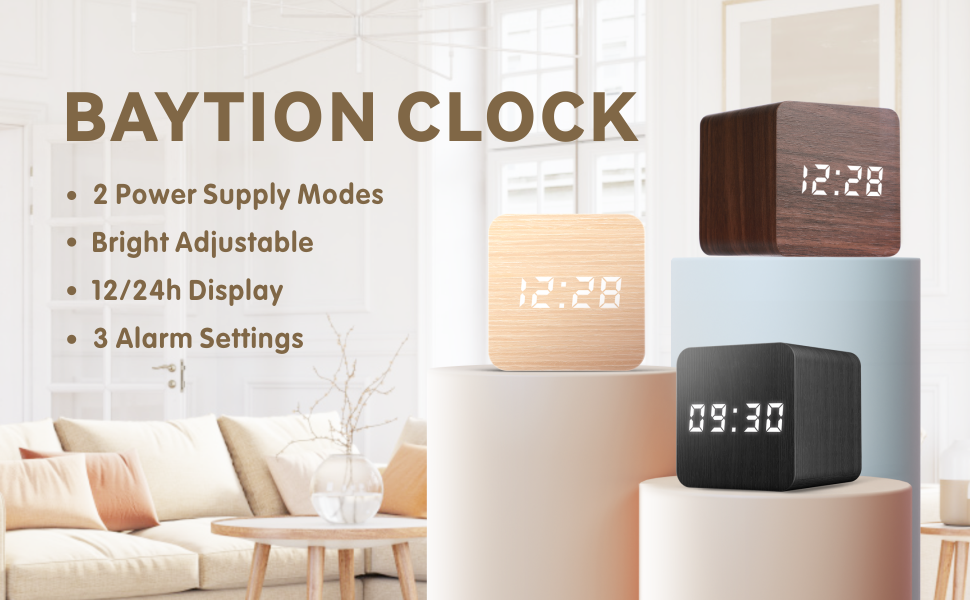 Baytion LED Digital Alarm Clock, Square Table Clock Mini Bedside Clock