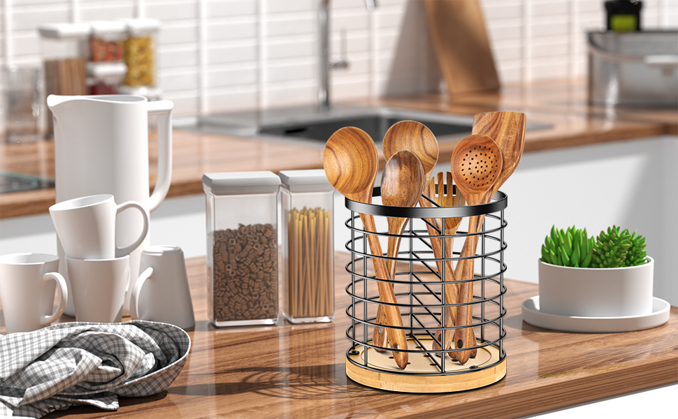 Kitchen Utensil Holder, Large Cooking Utensils Holder, Metal + Bamboo