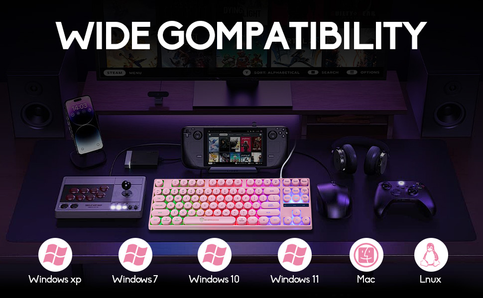 Wired Retro Punk Gaming Keyboard with Rainbow Backlit, 87