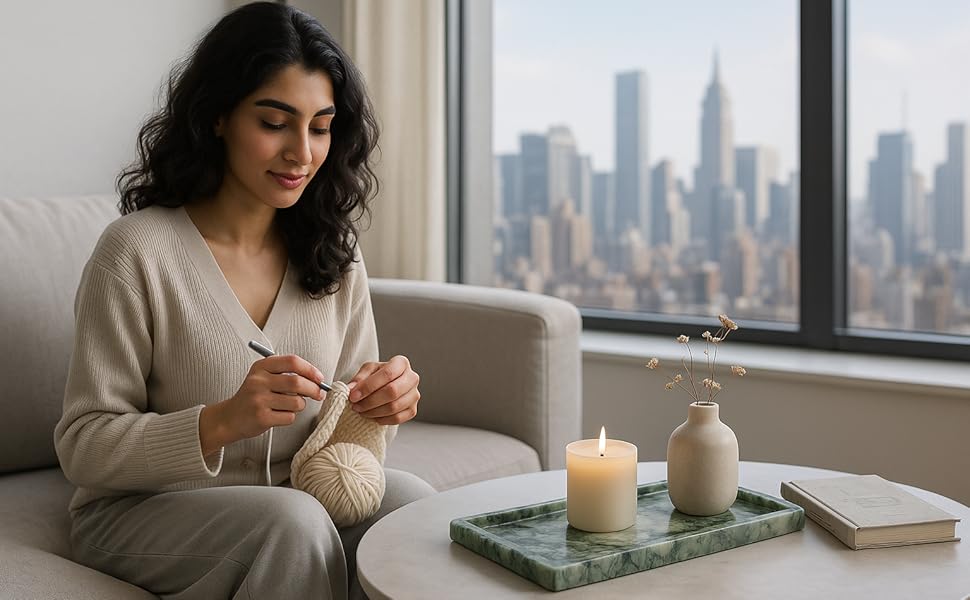 Marble tray in living room with woman in background