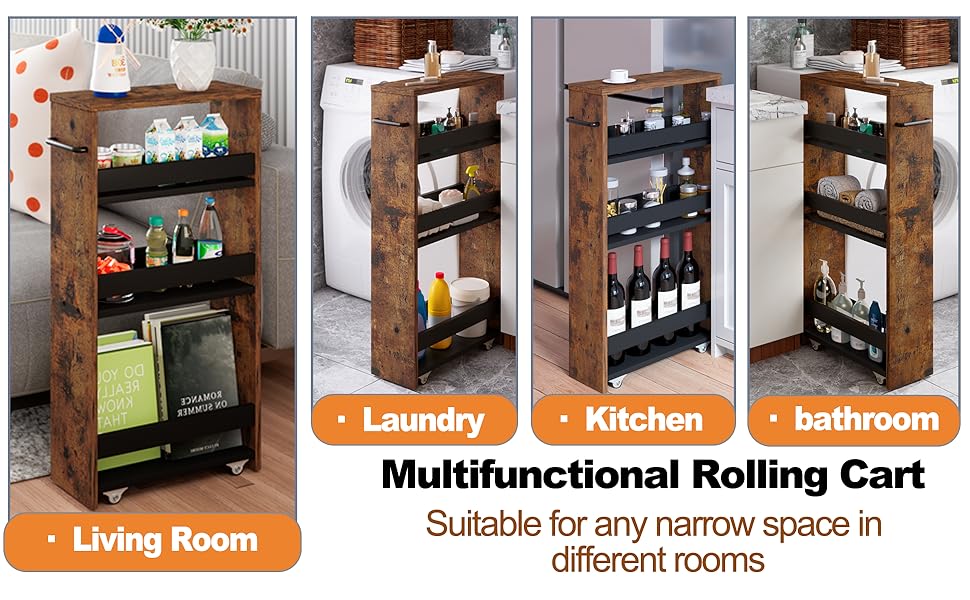 MARTY Slim Rolling Cart 4Tier Utility Carts with Wheels Handle, Kitchen Storage Cart Slide Out