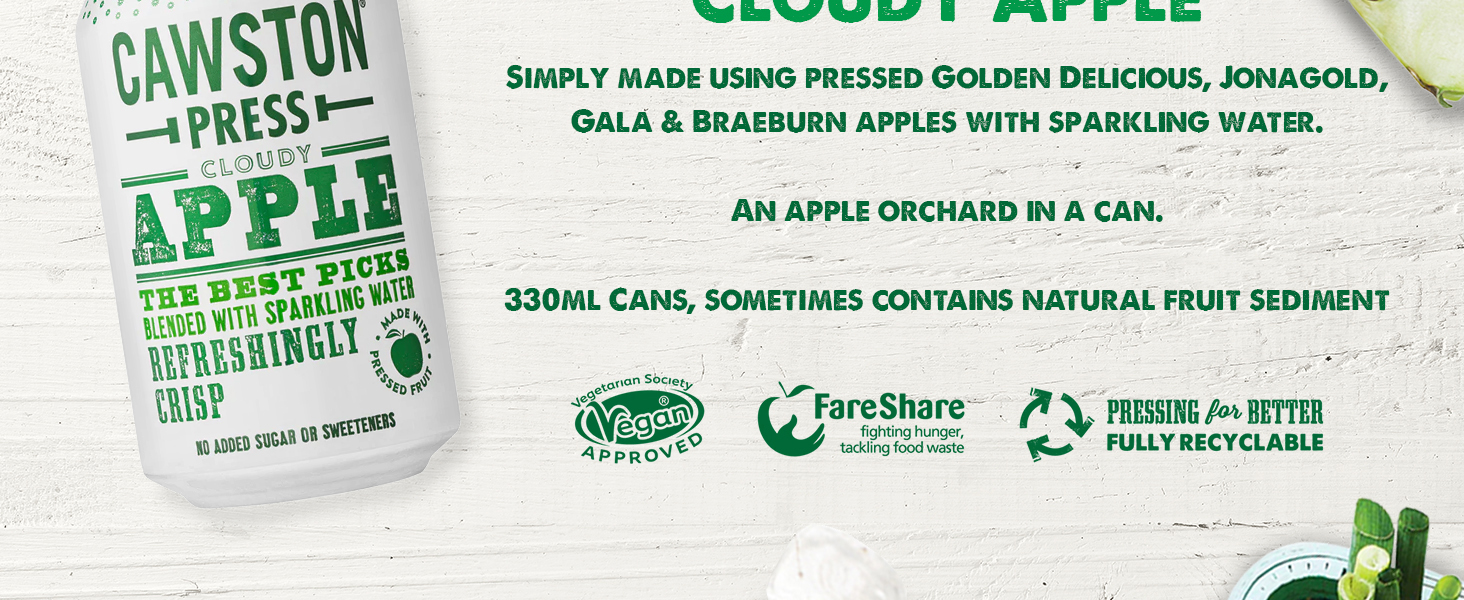 Text reads: 'CAWSTON PRESS SPARKLING APPLE' on green label. Additional text includes organic certification and ingredient information.