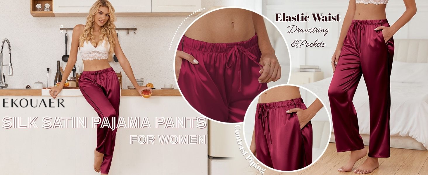 Womens Silk Satin Pajama Pants Soft Comfy Loose Pj Pants Drawstring Elastic Waist