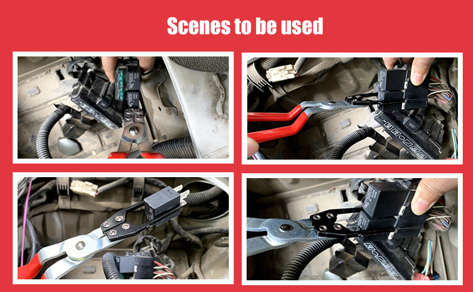 Four-panel image showing various angles of car engine repair. Hands visible working with tools on engine components in each panel.