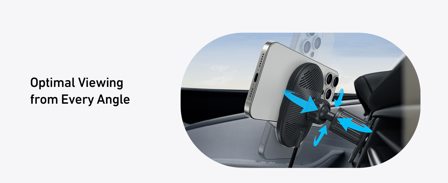 Car headrest tablet mount shown with adjustment arrows indicating flexible viewing angles for backseat entertainment system.