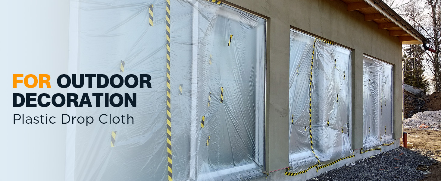 Clear plastic drop cloths ensure visibility while paint cover plastic dries.