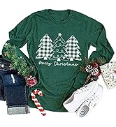 Merry Christmas Tshirt for Women Plaid Christmas Trees Graphic Tee Tops Casual Long Sleeve Xmas S...